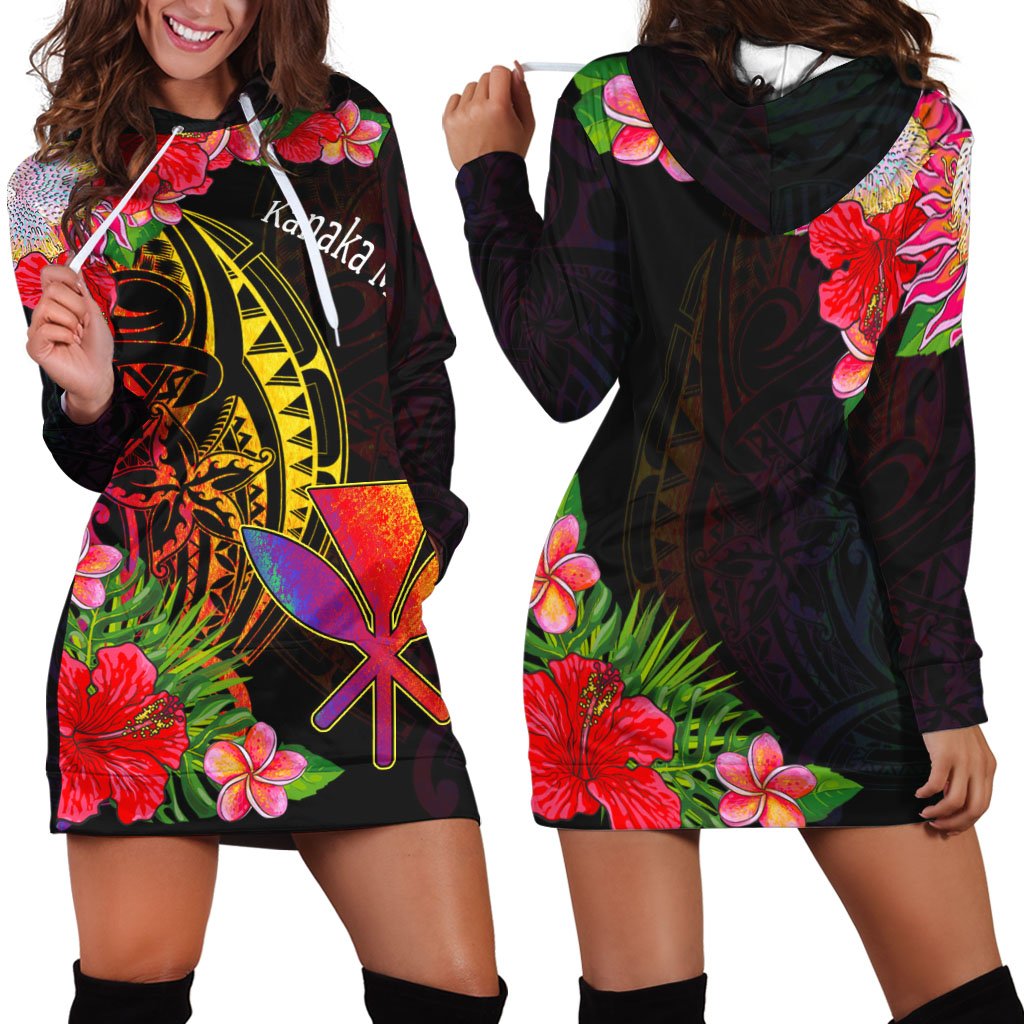 Hawaii Kanaka Maoli Hoodie Dress - Tropical Hippie Style Black - Polynesian Pride