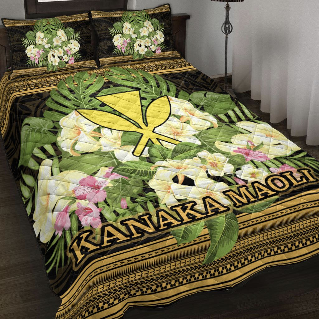 Hawaii Kanaka Maoli Quilt Bed Set - Polynesian Gold Patterns Collection Black - Polynesian Pride