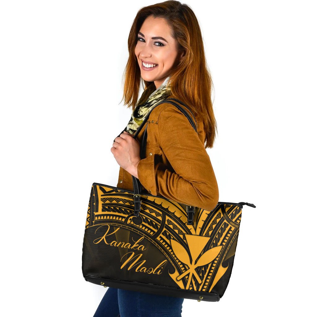 Hawaii Kanaka Maoli Leather Tote - Gold Color Cross Style Black - Polynesian Pride