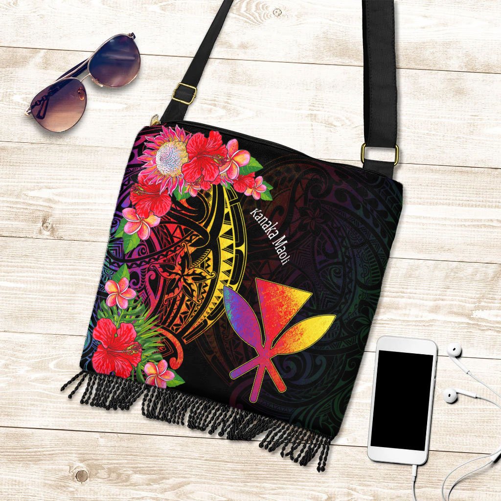 Hawaii Kanaka Maoli Boho Handbag - Tropical Hippie Style One Size Boho Handbag Black - Polynesian Pride