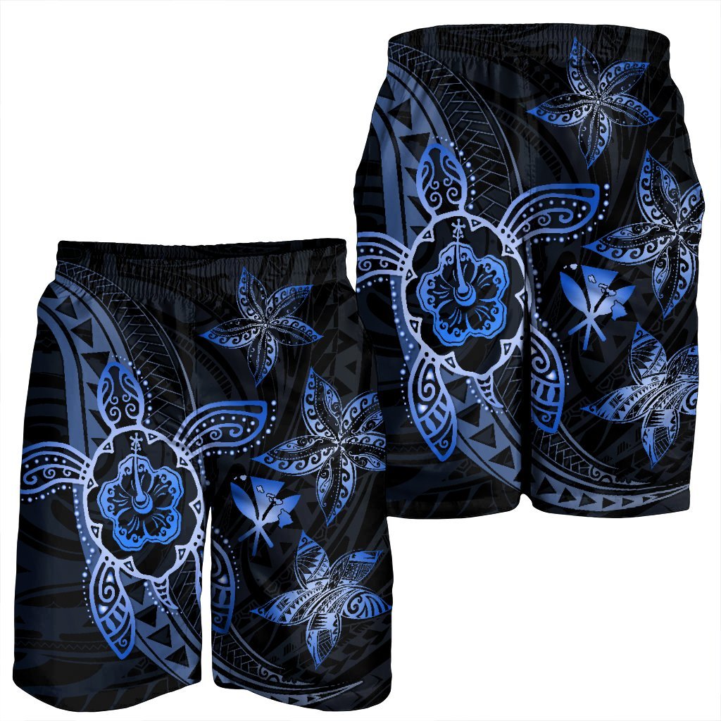 Kanaka Map Hibiscus Plumeria Turtle Art Blue Polynesian Men's Shorts - AH - Polynesian Pride