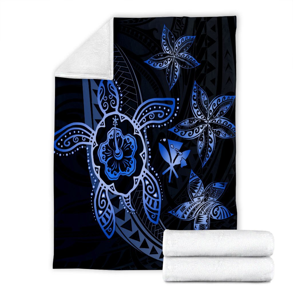 Kanaka Map Hibiscus Plumeria Turtle Art Polynesian Premium Blankets Blue - AH - Polynesian Pride