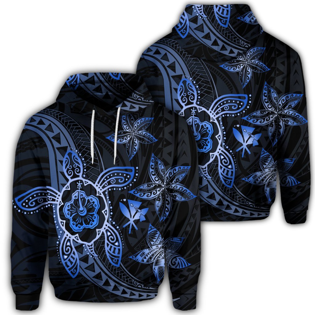 Kanaka Map Hibiscus Plumeria Turtle Art Blue Polynesian Hoodie Unisex Art - Polynesian Pride