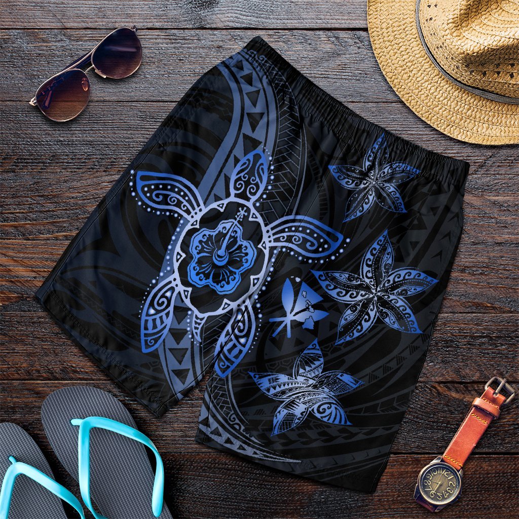 Kanaka Map Hibiscus Plumeria Turtle Art Blue Polynesian Men's Shorts - AH Art - Polynesian Pride