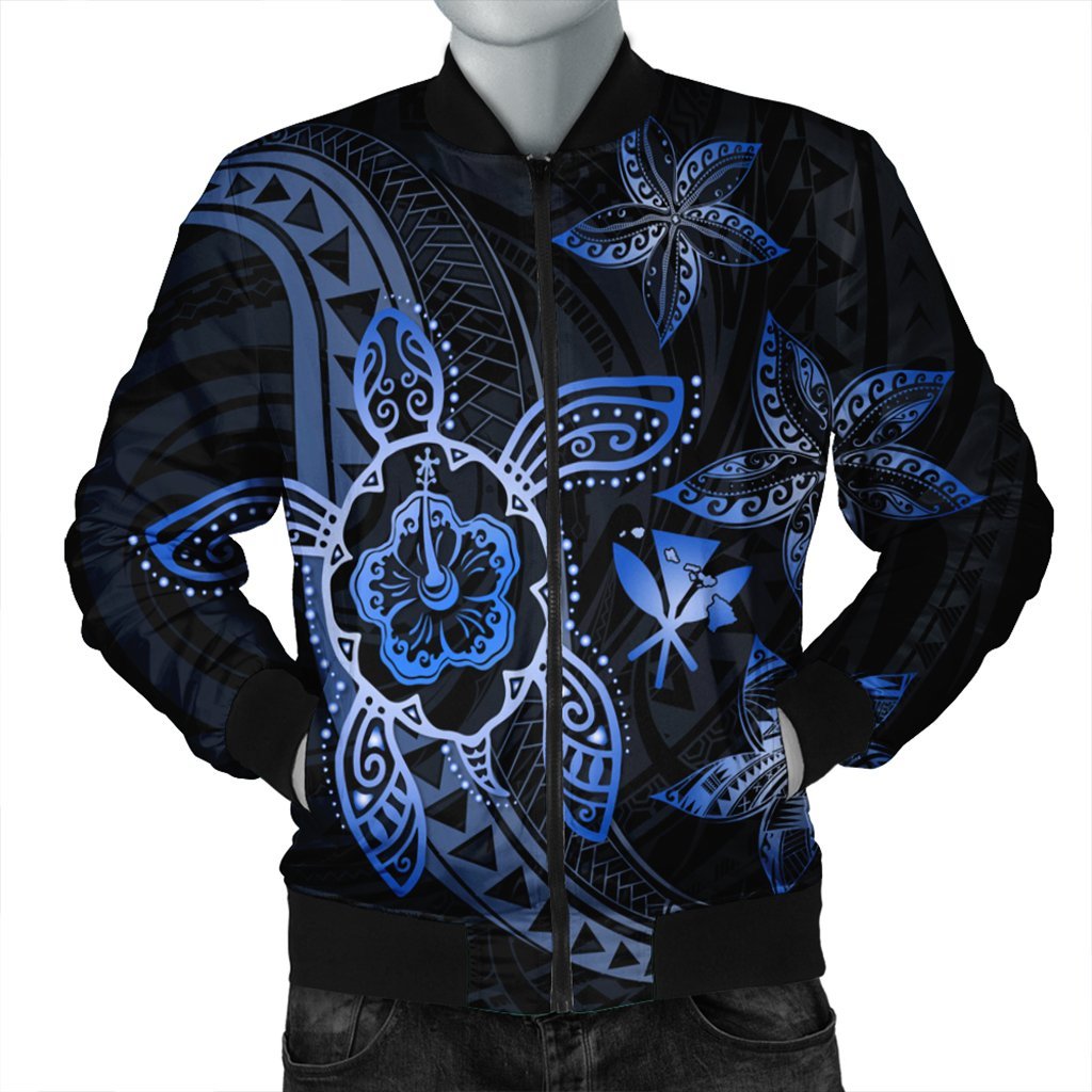 Kanaka Map Hibiscus Plumeria Turtle Art Blue Polynesian Bomber Jacket - AH Black Unisex - Polynesian Pride