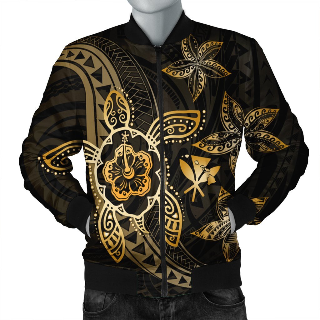 Kanaka Map Hibiscus Plumeria Turtle Art Gold Polynesian Bomber Jacket - AH Black Unisex - Polynesian Pride