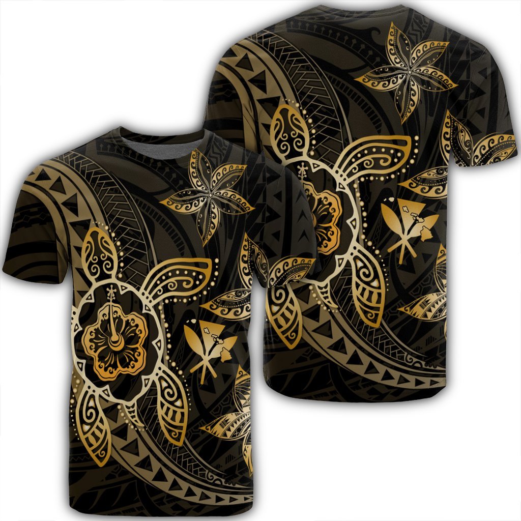 Kanaka Map Hibiscus Plumeria Turtle Art Gold Polynesian T Shirt AH Unisex Black - Polynesian Pride