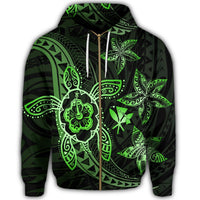 Kanaka Map Hibiscus Plumeria Turtle Art Green Polynesian Zip Hoodie - Polynesian Pride