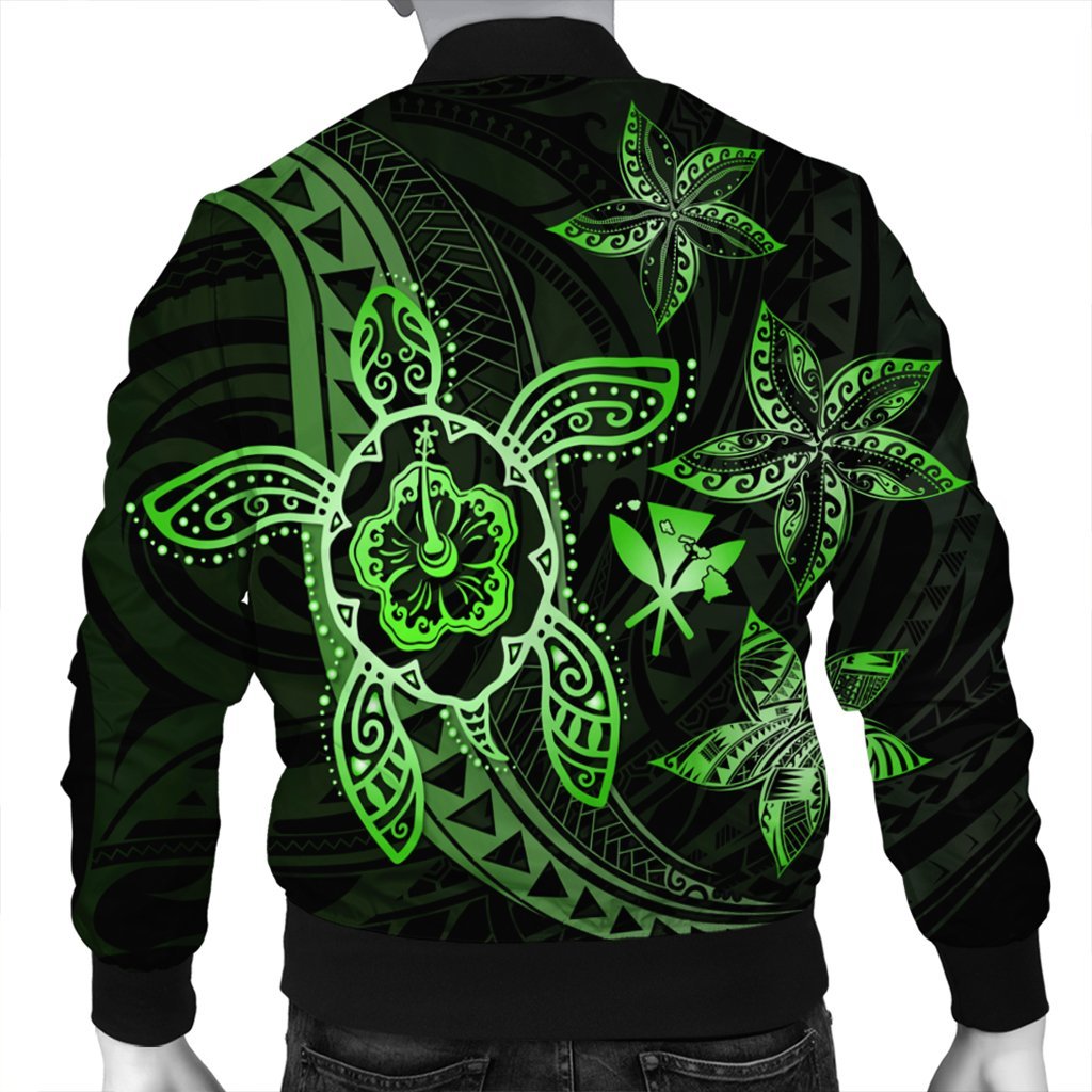 Kanaka Map Hibiscus Plumeria Turtle Art Green Polynesian Bomber Jacket - AH - Polynesian Pride