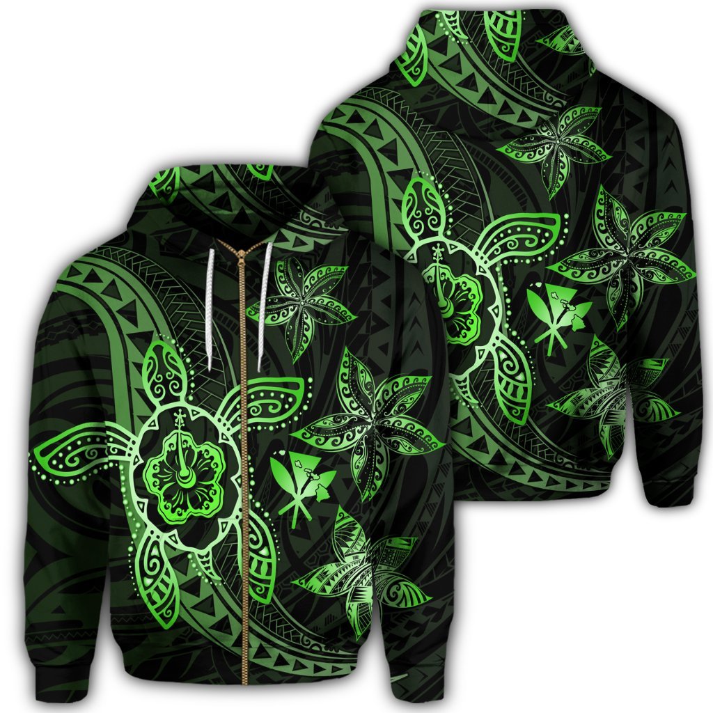 Kanaka Map Hibiscus Plumeria Turtle Art Green Polynesian Zip Hoodie Unisex Art - Polynesian Pride