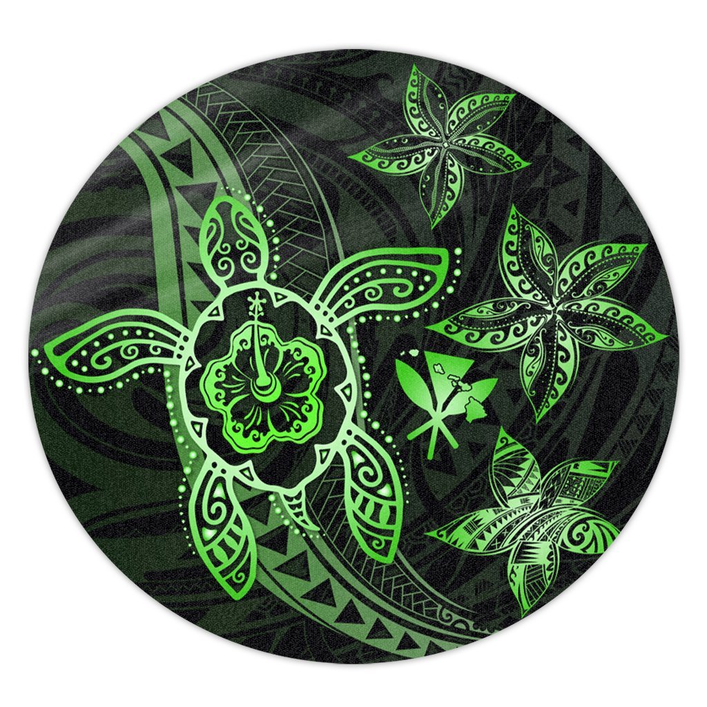 Kanaka Map Hibiscus Plumeria Turtle Art Green Polynesian Round Carpet - AH Round Carpet Luxurious Plush - Polynesian Pride