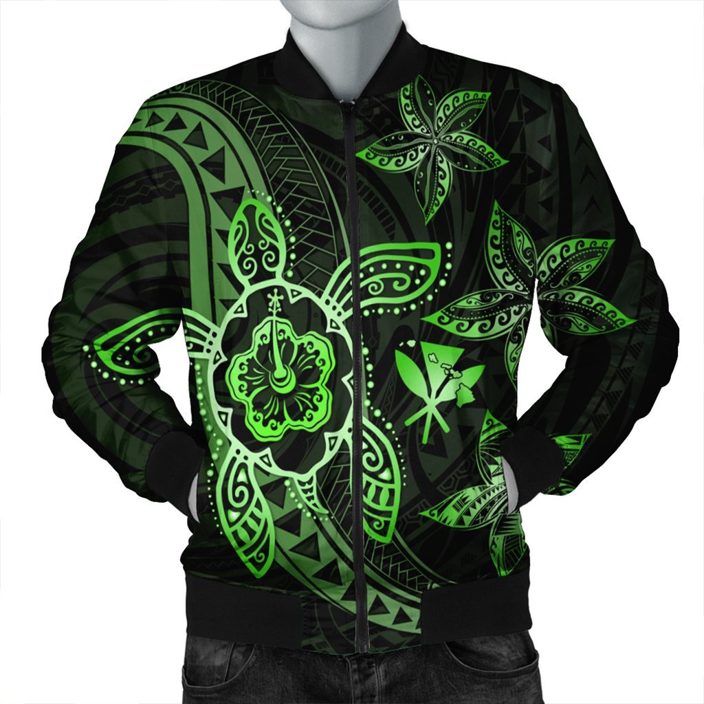 Kanaka Map Hibiscus Plumeria Turtle Art Green Polynesian Bomber Jacket - AH Black Unisex - Polynesian Pride