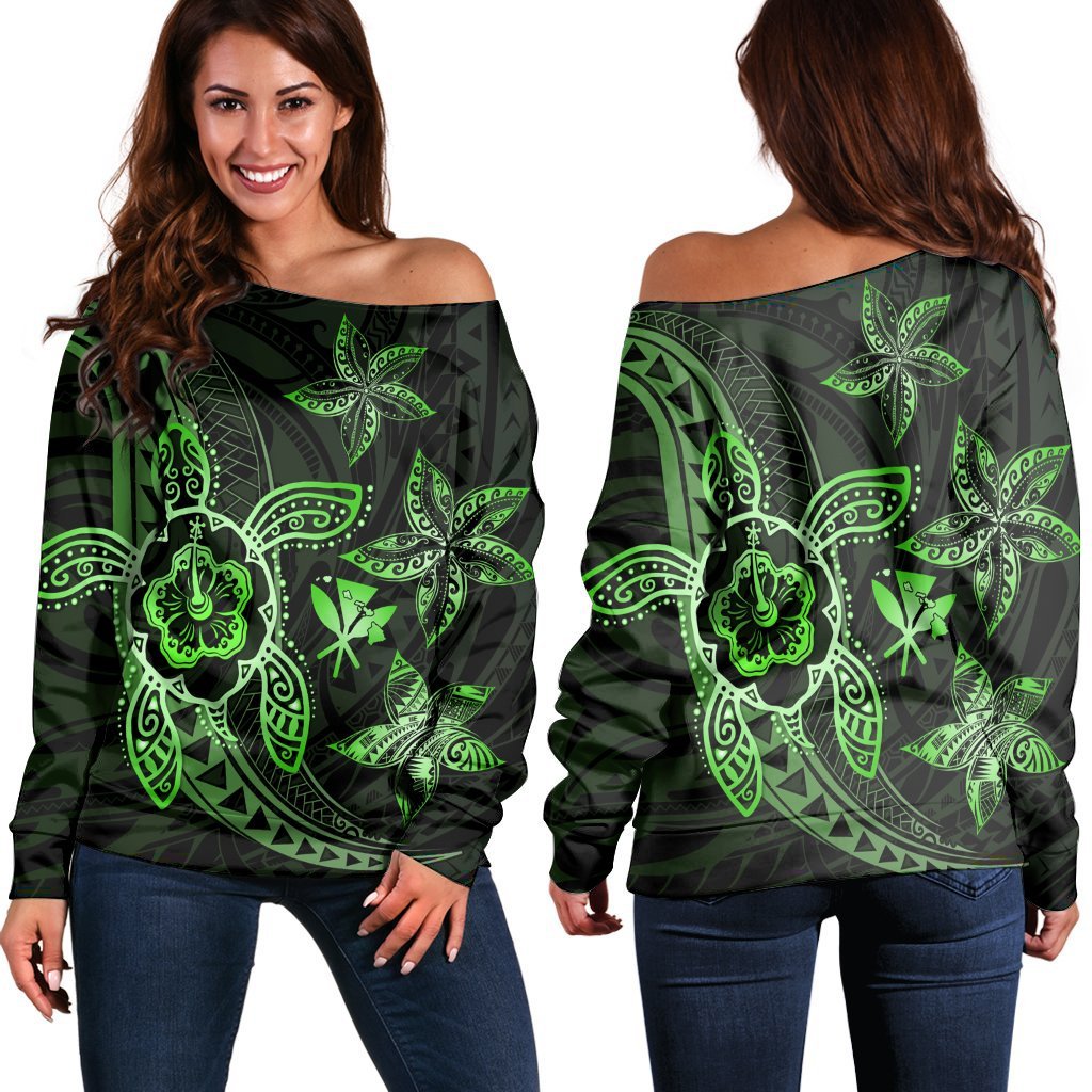 Kanaka Map Hibiscus Plumeria Turtle Art Green Polynesian Women's Off Shoulder Sweater - AH Black - Polynesian Pride