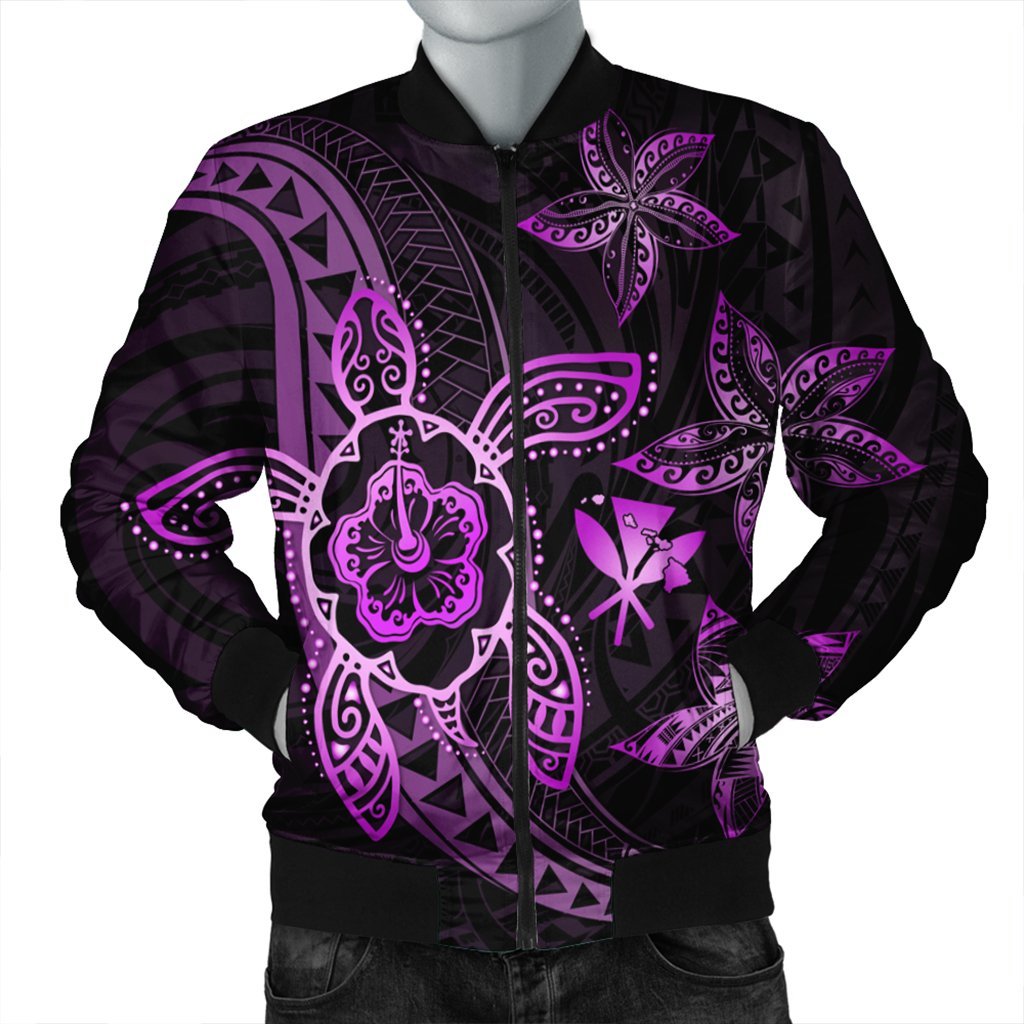 Kanaka Map Hibiscus Plumeria Turtle Art Pink Polynesian Bomber Jacket - AH Black Unisex - Polynesian Pride