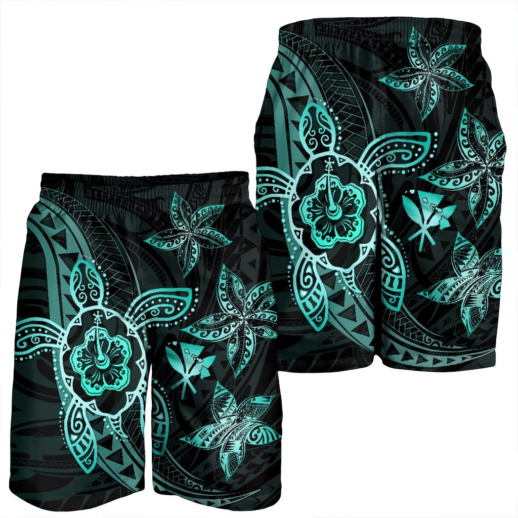 Kanaka Map Hibiscus Plumeria Turtle Art Turquoise Polynesian Men's Shorts - AH - Polynesian Pride