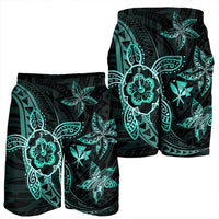 Kanaka Map Hibiscus Plumeria Turtle Art Turquoise Polynesian Men's Shorts - AH - Polynesian Pride