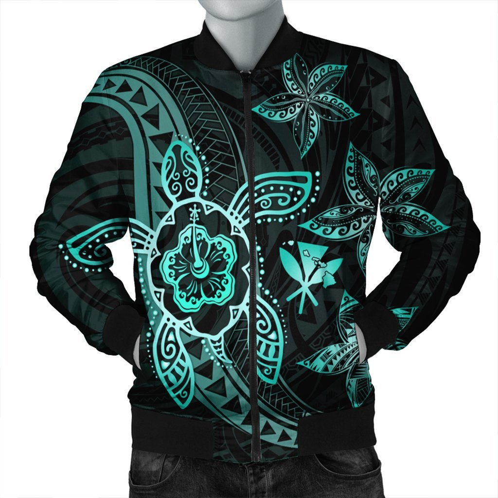 Kanaka Map Hibiscus Plumeria Turtle Art Turquoise Polynesian Bomber Jacket - AH Black Unisex - Polynesian Pride