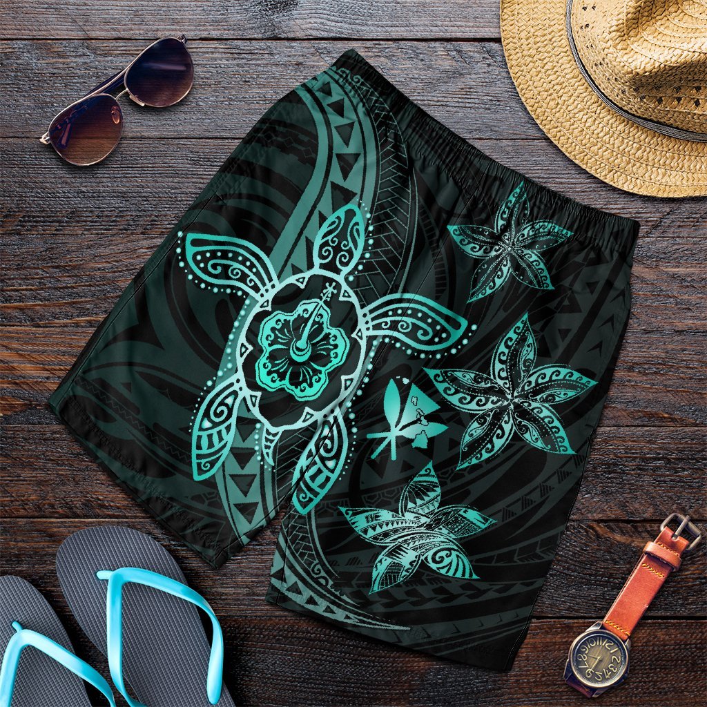 Kanaka Map Hibiscus Plumeria Turtle Art Turquoise Polynesian Men's Shorts - AH Art - Polynesian Pride