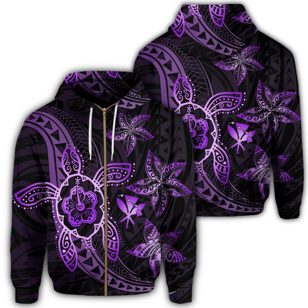 Kanaka Map Hibiscus Plumeria Turtle Art Violet Polynesian Zip Hoodie Unisex Art - Polynesian Pride