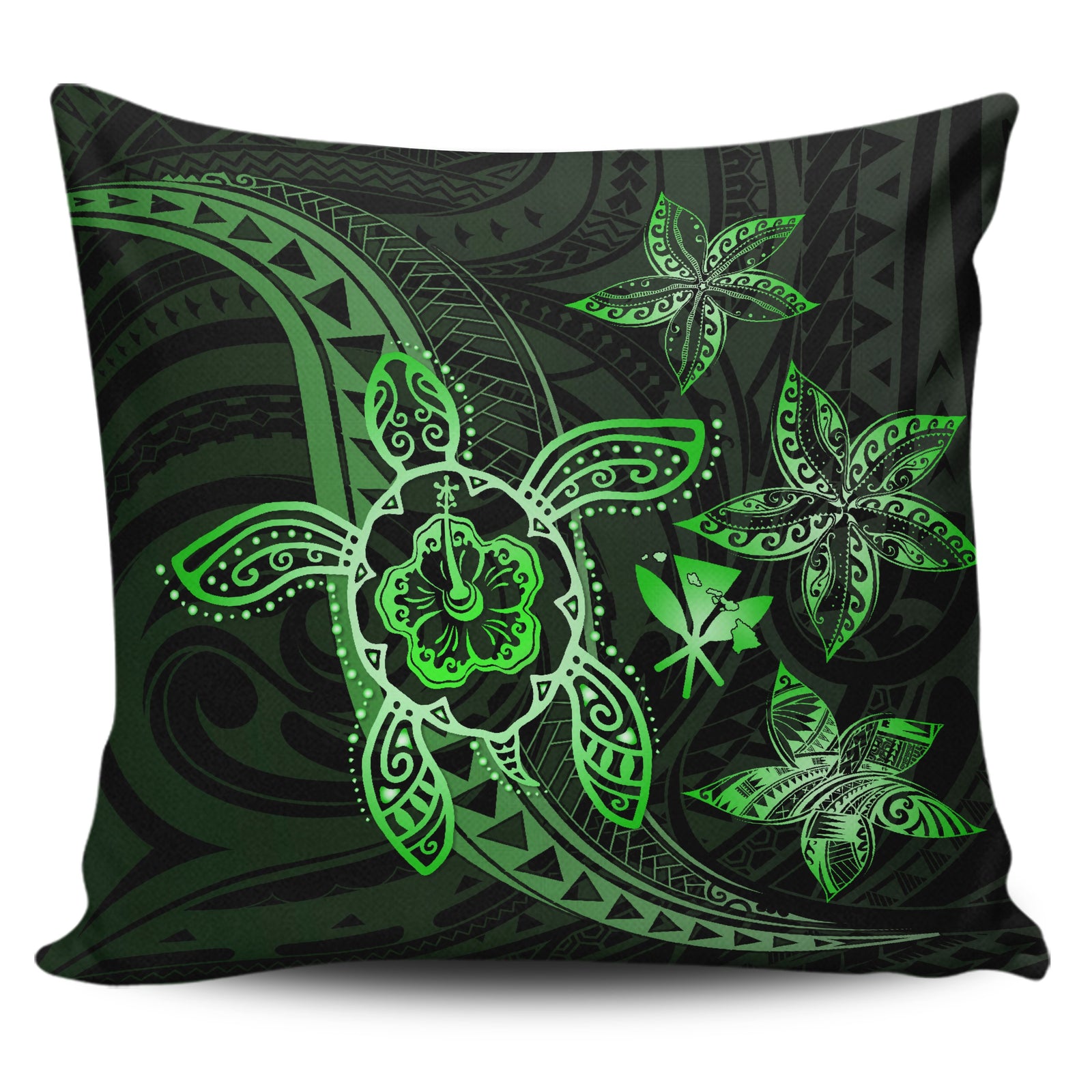 Kanaka Map Hibiscus Plumeria Turtle Art Green Polynesian Pillow Covers One Size Zippered Pillow Case 18"x18"(Twin Sides) Green - Polynesian Pride