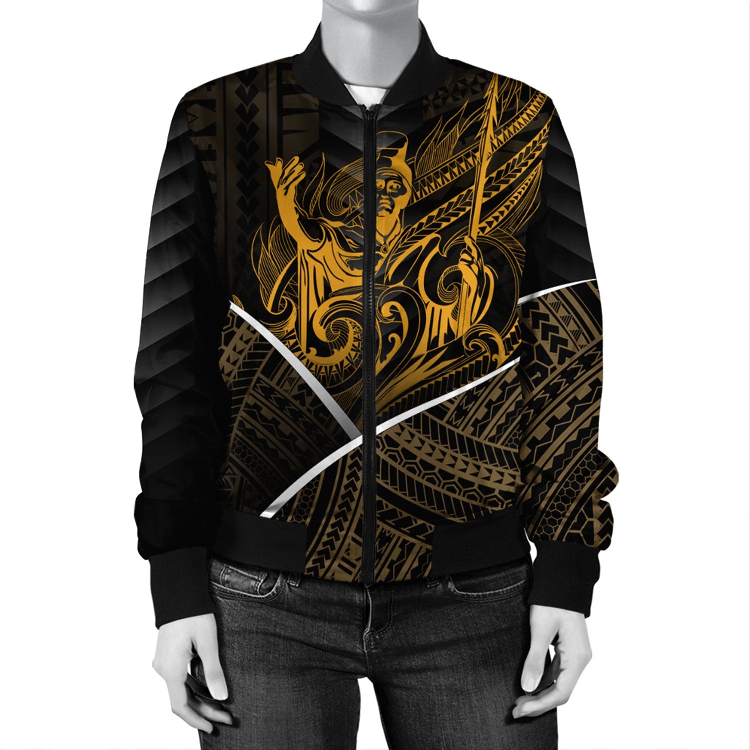 Hawaiian - King Coat Of Arms Polynesian Women's Bomber Jacket - Mana Style - AH Black - Polynesian Pride