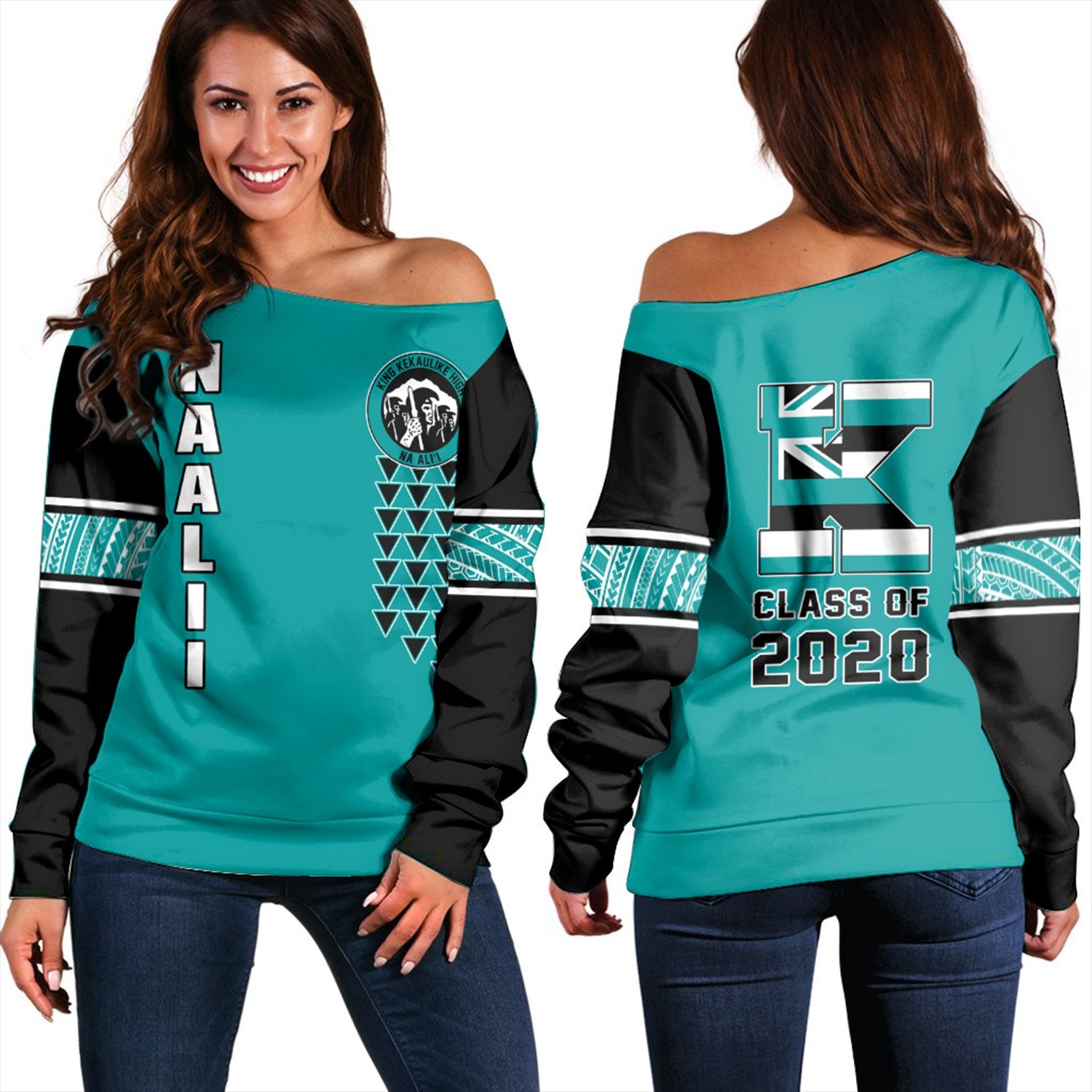 (Personalised) Hawaii - King Kekaulike High Custom Your Class Women's Off Shoulder Sweatshirt AH Turquoise - Polynesian Pride