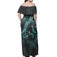 Kiribati Woman Off Shoulder Long Dress - Kiribati Coat Of Arms With Polynesian Turtle Blooming Hibiscus Turquoise - Polynesian Pride