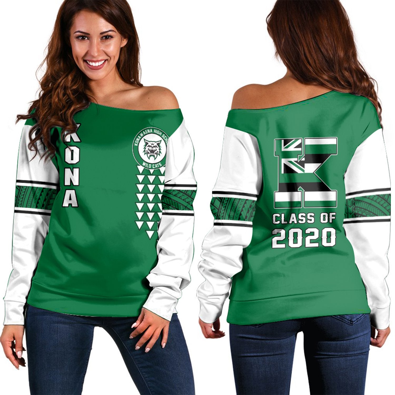 (Personalised) Hawaii - Konawaena High Custom Your Class Women's Off Shoulder Sweatshirt AH Green - Polynesian Pride