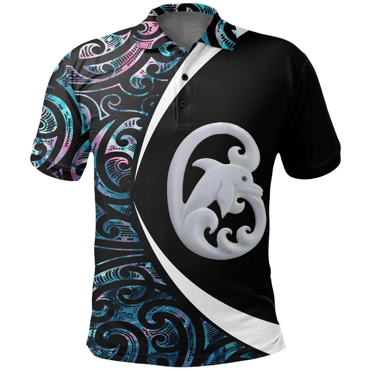 New Zealand Aotearoa Maori Dolphin Polo Shirt, Koru Aihe Paua Golf Shirts Unisex Black - Polynesian Pride
