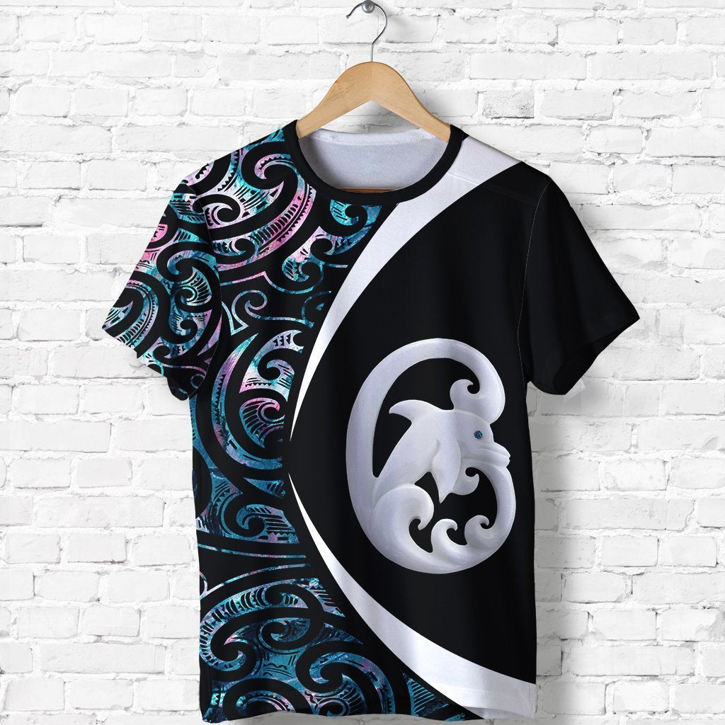 Aotearoa Maori Dolphin T Shirt, Koru Aihe Paua Shell Shirt Unisex Black - Polynesian Pride