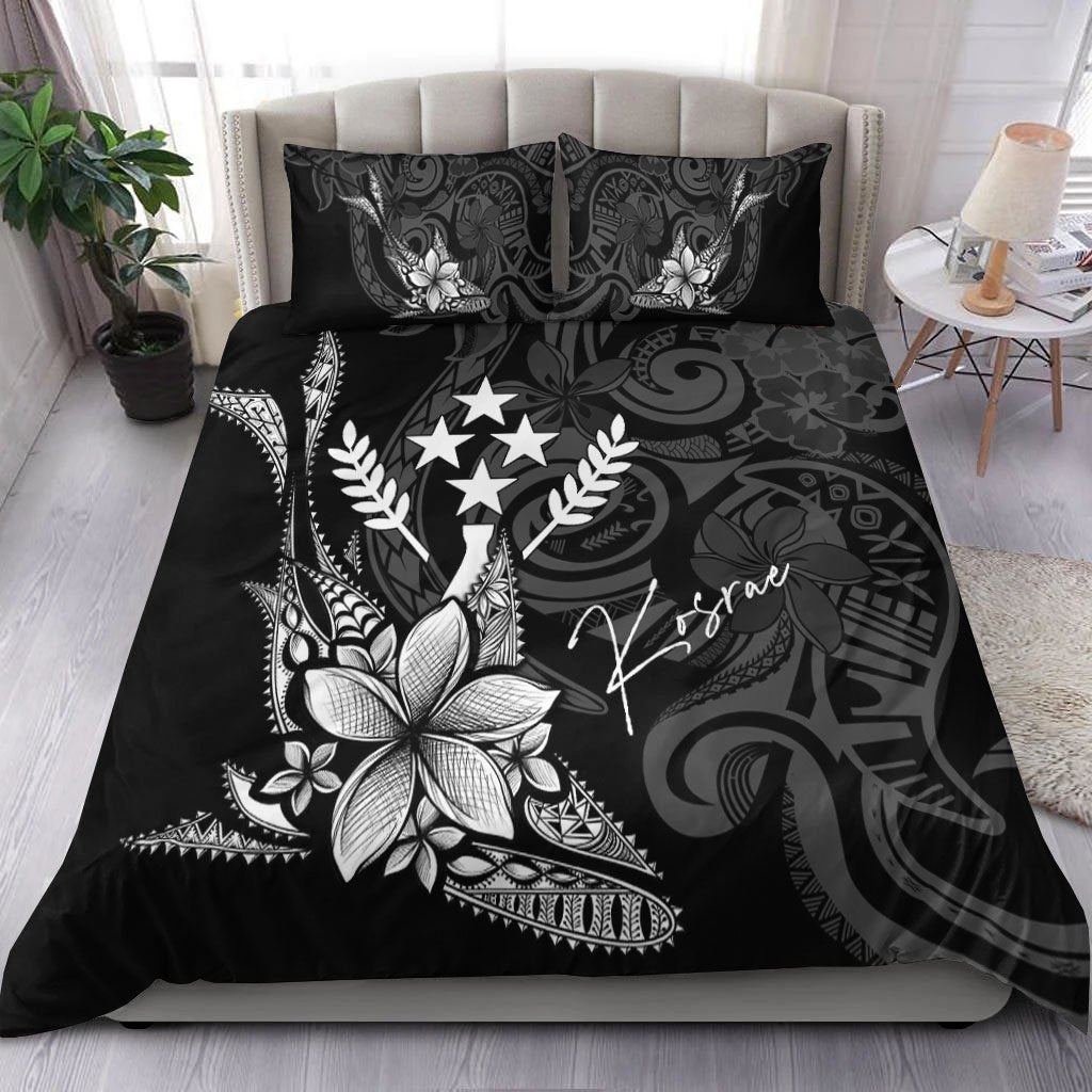 Kosrae State Bedding Set - Fish With Plumeria Flowers Style Black - Polynesian Pride