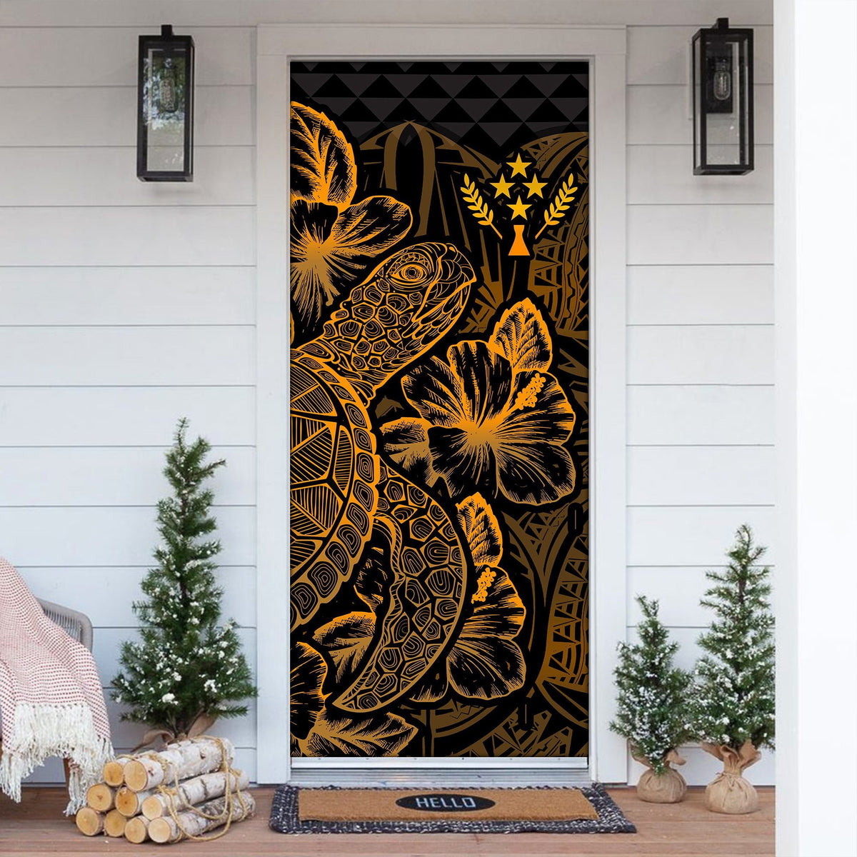 Kosrae Door Cover Turtle Hibiscus Gold - Polynesian Pride
