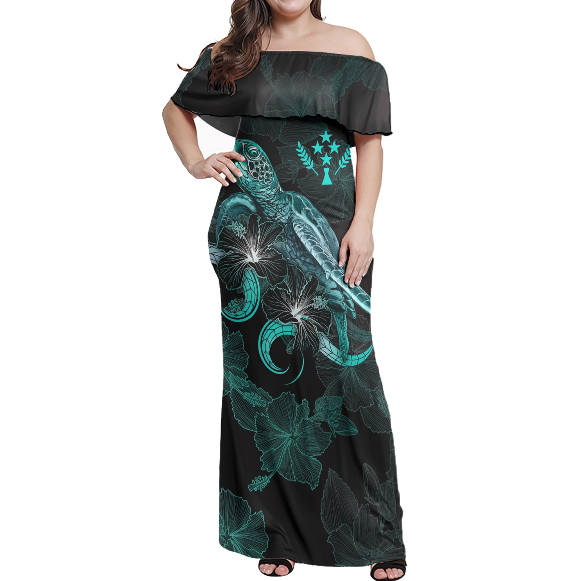 Kosrae Woman Off Shoulder Long Dress - Kosrae Coat Of Arms With Polynesian Turtle Blooming Hibiscus Turquoise Women Turquoise - Polynesian Pride