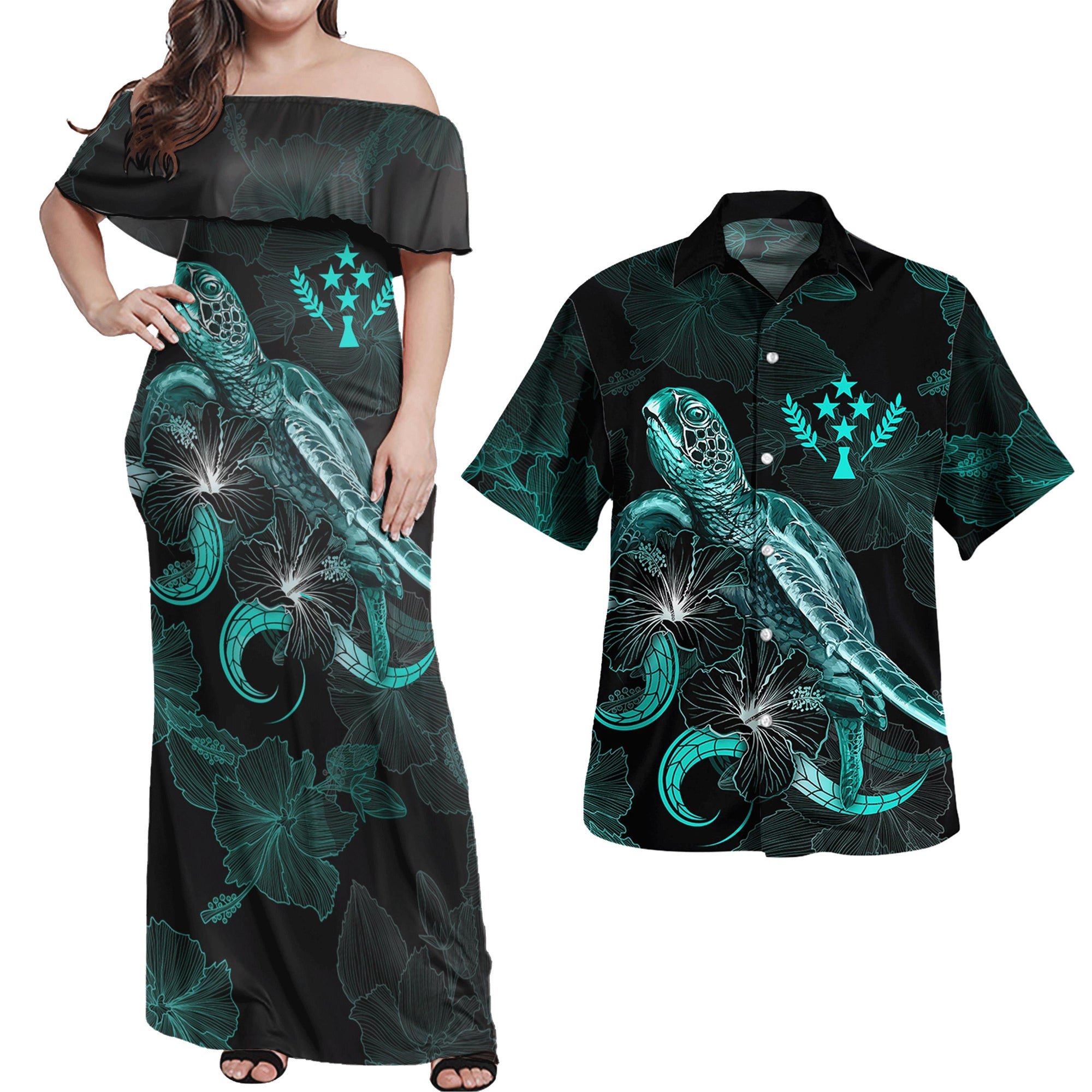 Kosrae Matching Dress and Hawaiian Shirt Kosrae Coat Of Arms with Polynesian with Turtle and Blooming Hibiscus Turquoise Turquoise - Polynesian Pride