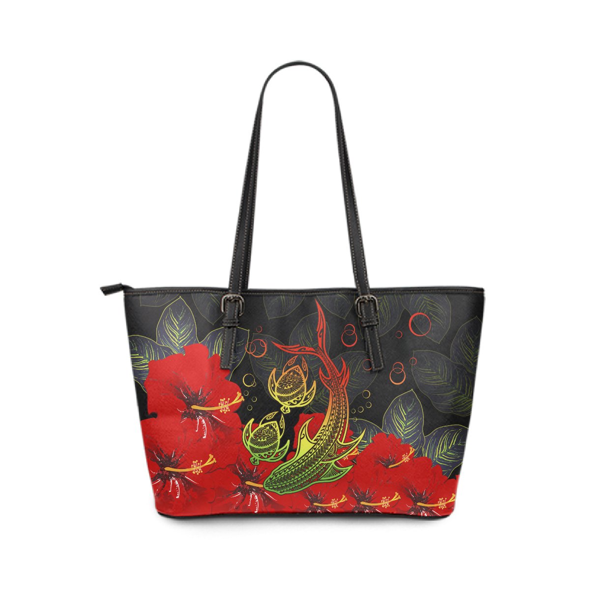 Hawaii Shark Turtle Hibiscus Polynesian Leather Tote - Vera Style - AH Black - Polynesian Pride