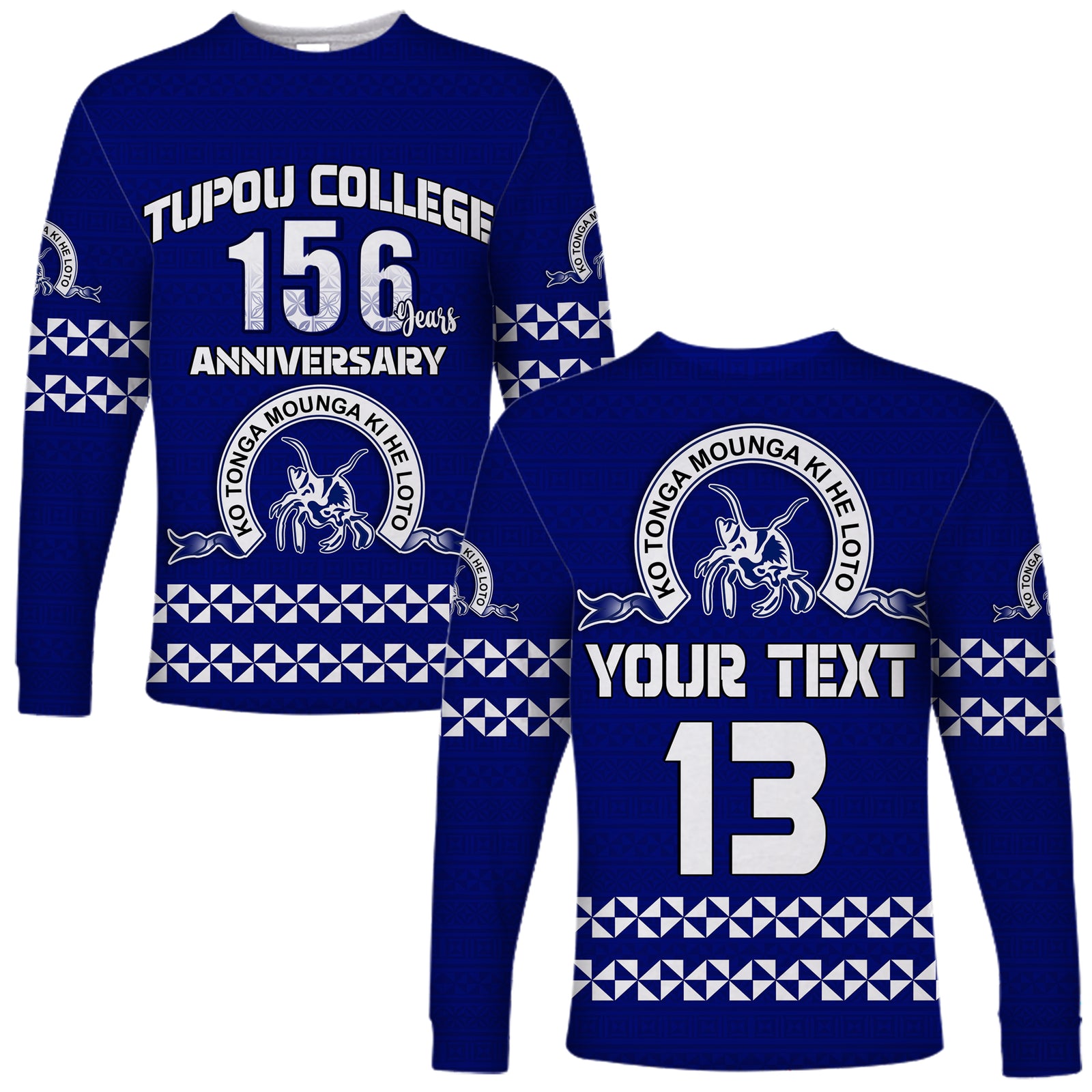 (Custom Text and Number) Tonga Tupou College Toloa Long Sleeve Shirt 156 Years Anniversary Tongan Ngatu LT13 Unisex Blue - Polynesian Pride