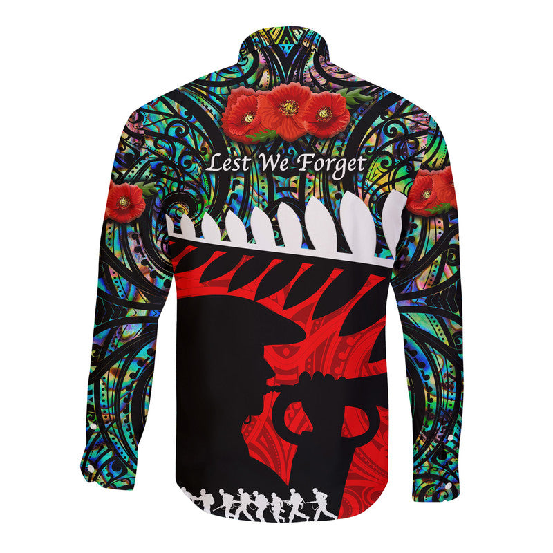 New Zealand Maori ANZAC Hawaii Long Sleeve Button Shirt Remembrance Soldier - Paua Shell LT8 - Polynesian Pride