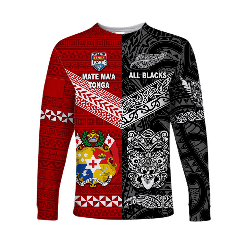 (Custom Personalised) Mate Ma'a Tonga Ngatu And New Zealand Maori All Black Aboriginal Long Sleeve Shirt Rugby Together LT8 Unisex - Polynesian Pride