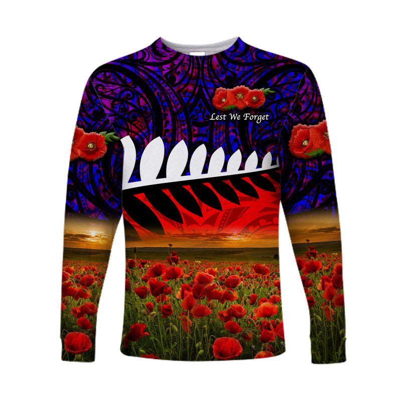 New Zealand Maori ANZAC Long Sleeve Shirt Poppy Vibes - Purple LT8 Unisex Purple - Polynesian Pride