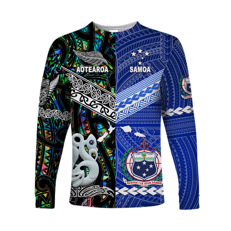 (Custom Personalised) Samoa And New Zealand Long Sleeve Shirt Together - Paua Shell LT8 Unisex Blue - Polynesian Pride