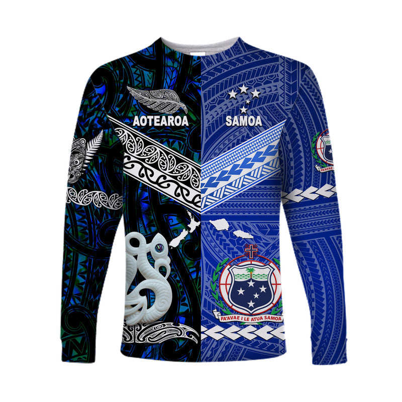 Samoa And New Zealand Long Sleeve Shirt Together - Blue LT8 Unisex Blue - Polynesian Pride