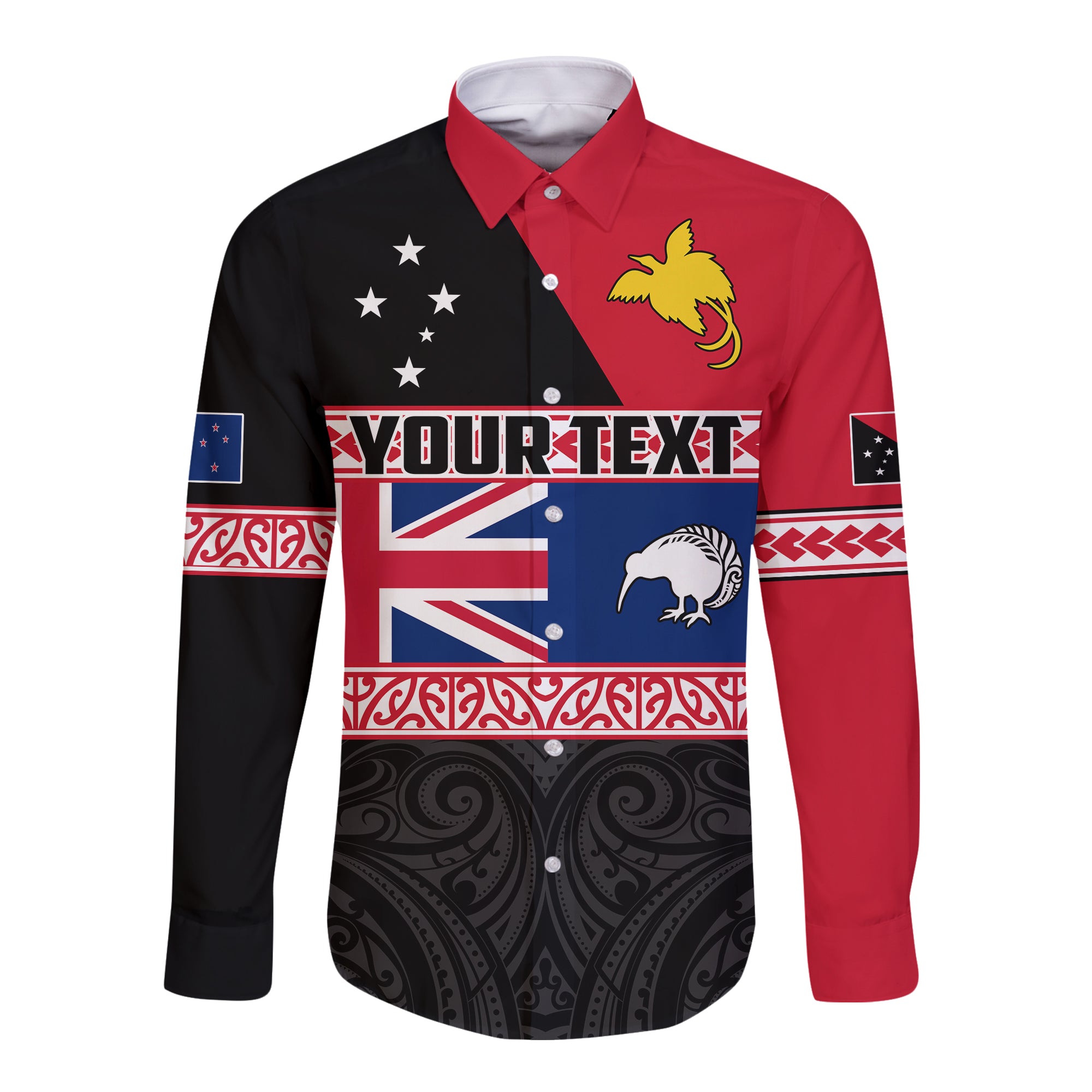 (Custom Personalised) Papua New Guinea and New Zealand Hawaii Long Sleeve Button Shirt Maori PNG and NZ LT13 Unisex Black - Polynesian Pride