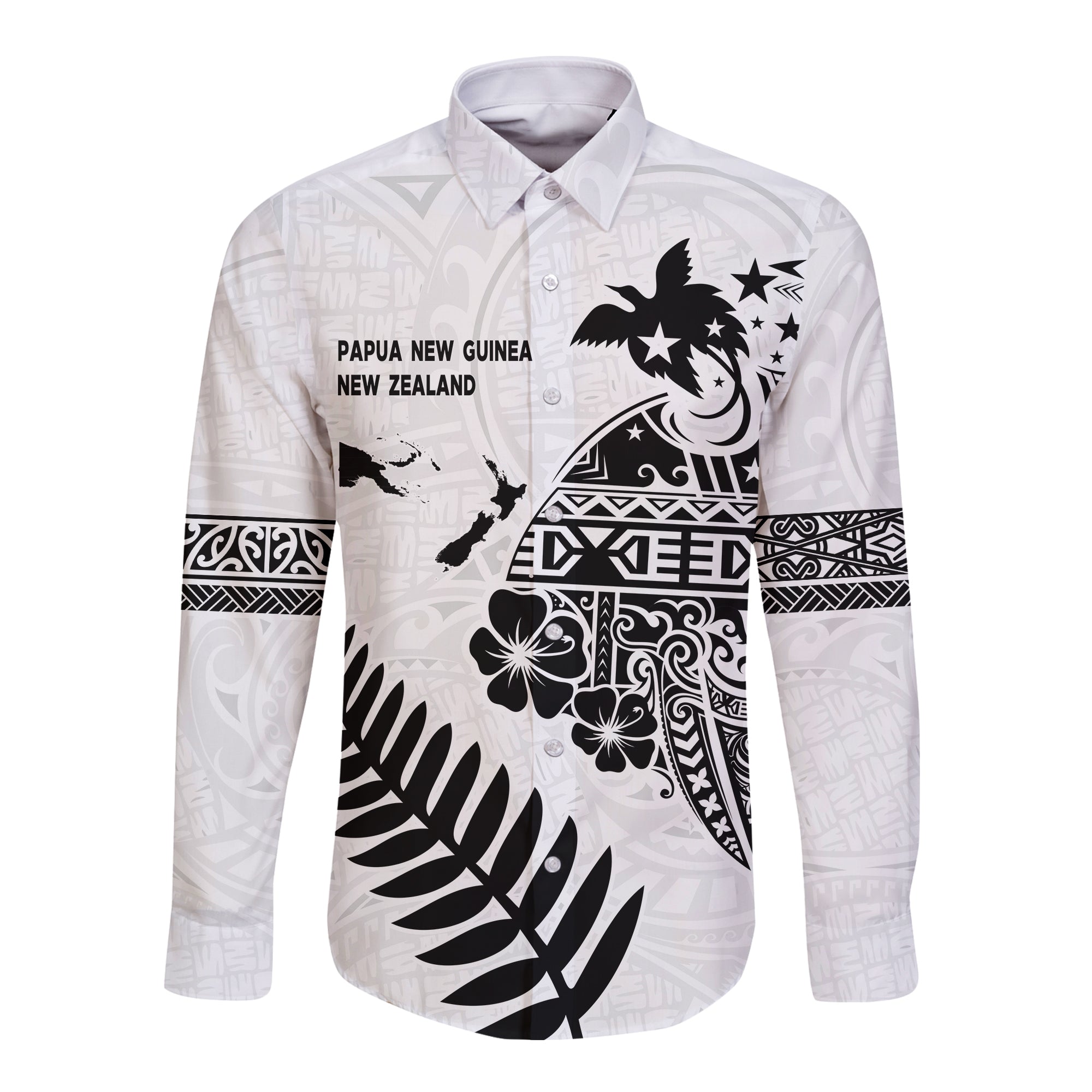 Papua New Guinea and New Zealand Hawaii Long Sleeve Button Shirt White Maori Polynesian LT13 Unisex White - Polynesian Pride