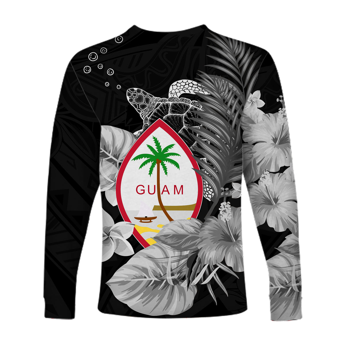 Guam Seal Long Sleeve Shirt Polynesian Turtle with Flowers Version White LT13 - Polynesian Pride