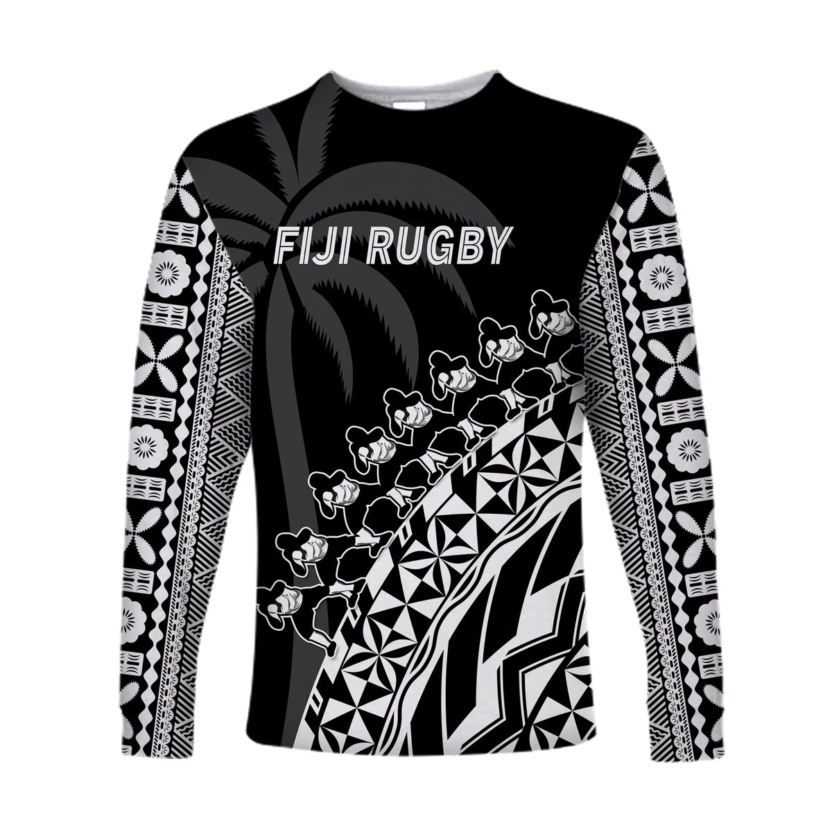 (Custom Text And Number) Fiji Rugby Long Sleeve Shirt Fijian Cibi Dance Tapa Pattern Black LT14 - Polynesian Pride