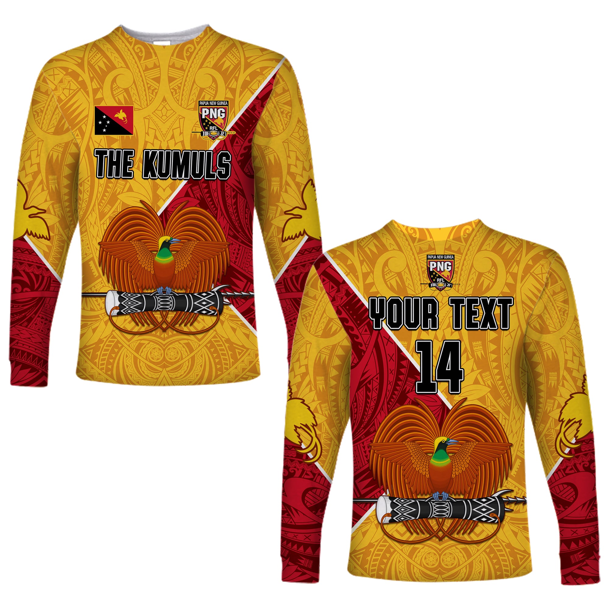 (Custom Text and Number) The Kumuls PNG Long Sleeve Shirt Papua New Guinea Polynesian Dynamic Style LT14 Unisex Yellow - Polynesian Pride