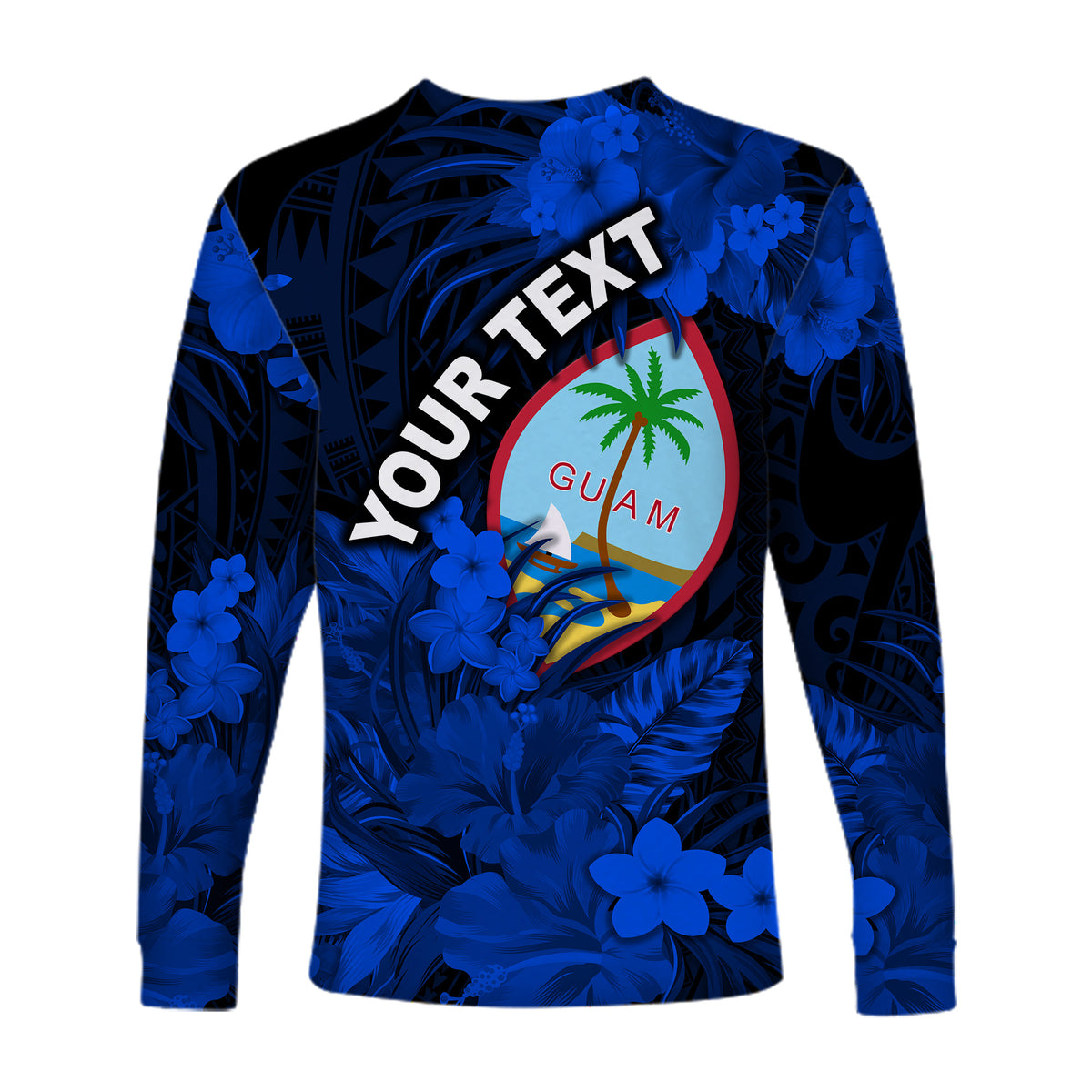 (Custom Personalised) Guam Polynesian Long Sleeve Shirt Tropical Flowers - Blue LT8 - Polynesian Pride