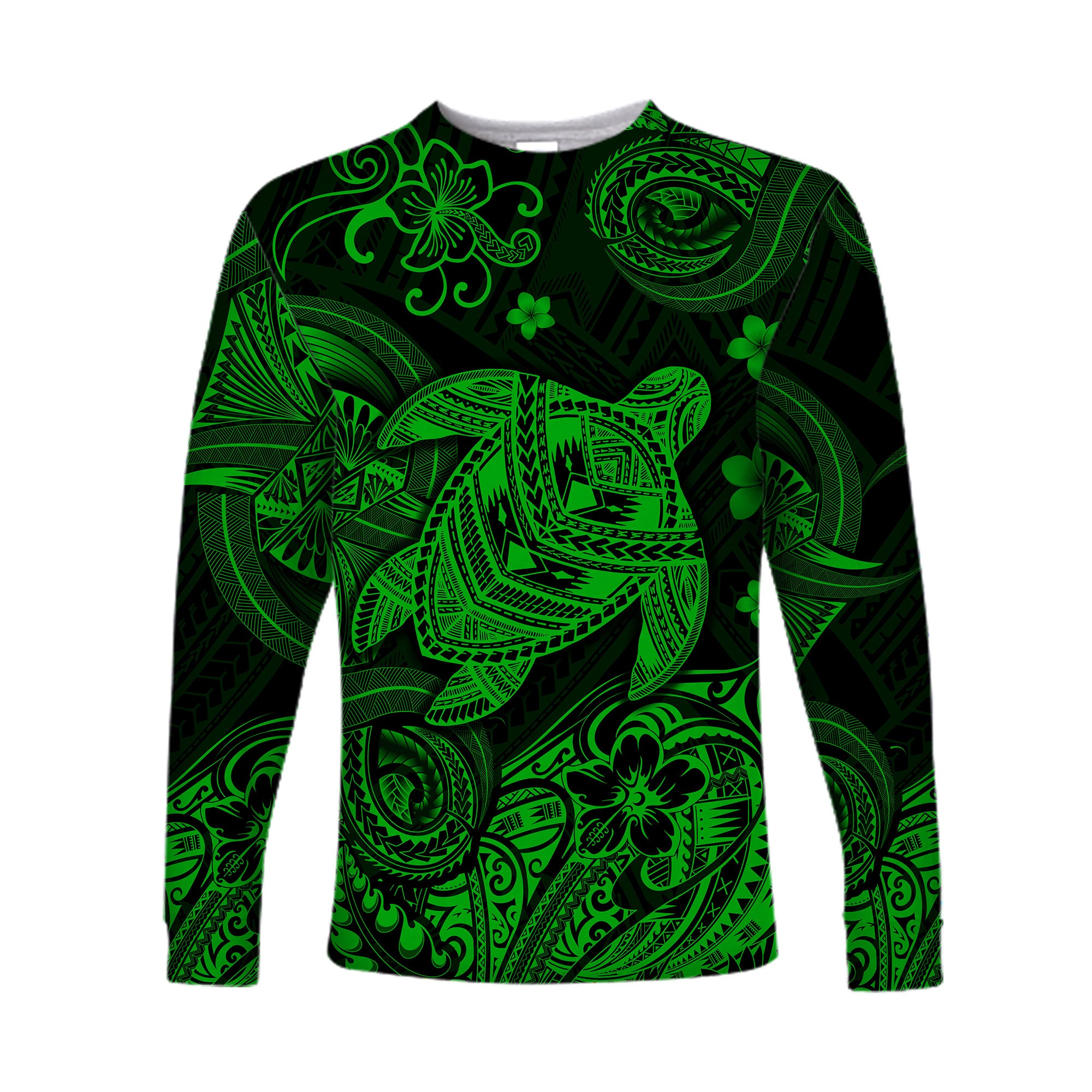 (Custom Personalised) Hawaii Turtle Polynesian Long Sleeve Shirt Plumeria Flower Unique Style - Green LT8 - Polynesian Pride