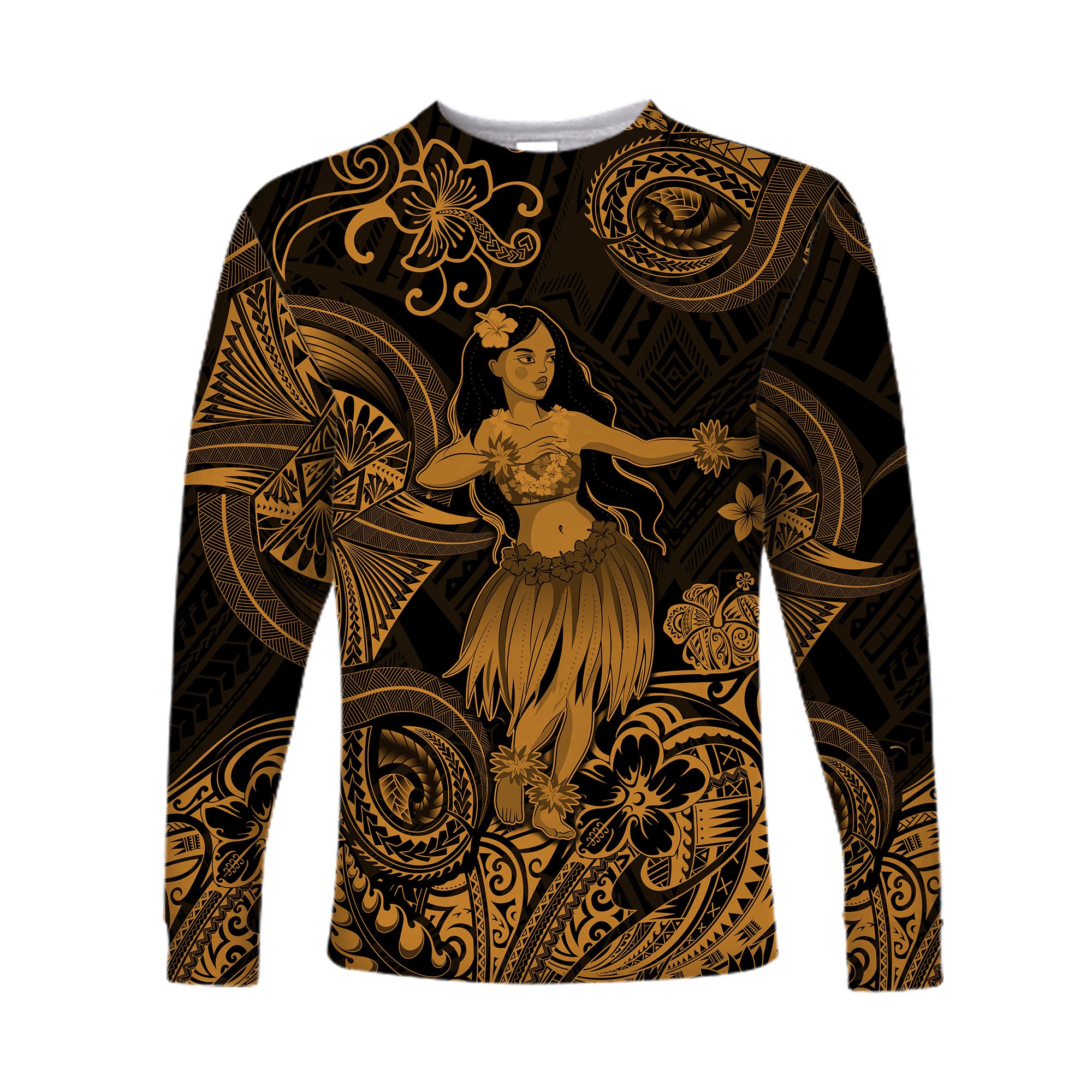 (Custom Personalised) Hawaii Hula Girl Polynesian Long Sleeve Shirt Unique Style - Gold LT8 Unisex Gold - Polynesian Pride