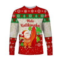 Hawaii Christmas Long Sleeve Shirt Santa Claus Surfing Simple Style - Beige Red LT8 - Polynesian Pride